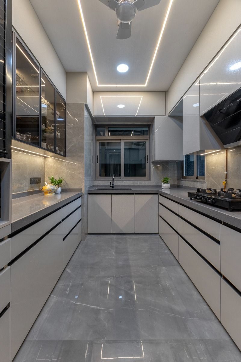 Parallel German-Hardware Kitchen with Under-Cabinet Warm LED Sensor Strip Lights #54